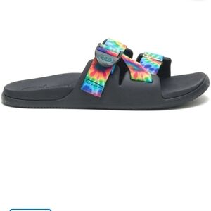 Chaco Chillos Women's Black Slide Sandals with Rainbow Tie-Dye Straps Sz 7